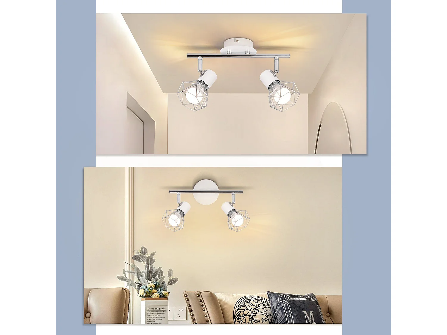 NETTLIFE 2 Spots de Plafond Pivotantes Intérieur Blanc Industriel en Métal E14 Réglable à 350° pour Bureau Vestiaire Couloir Salle de Bain