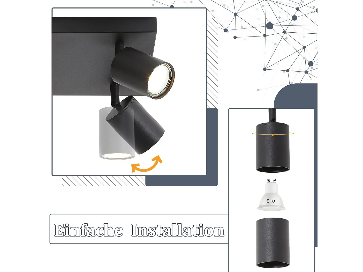 NETTLIFE Lampa sufitowa 6 czarnych punktów GU10 regulowana 330° nowoczesna industrialna ściana do salonu sypialnia kuchnia bez żarówki