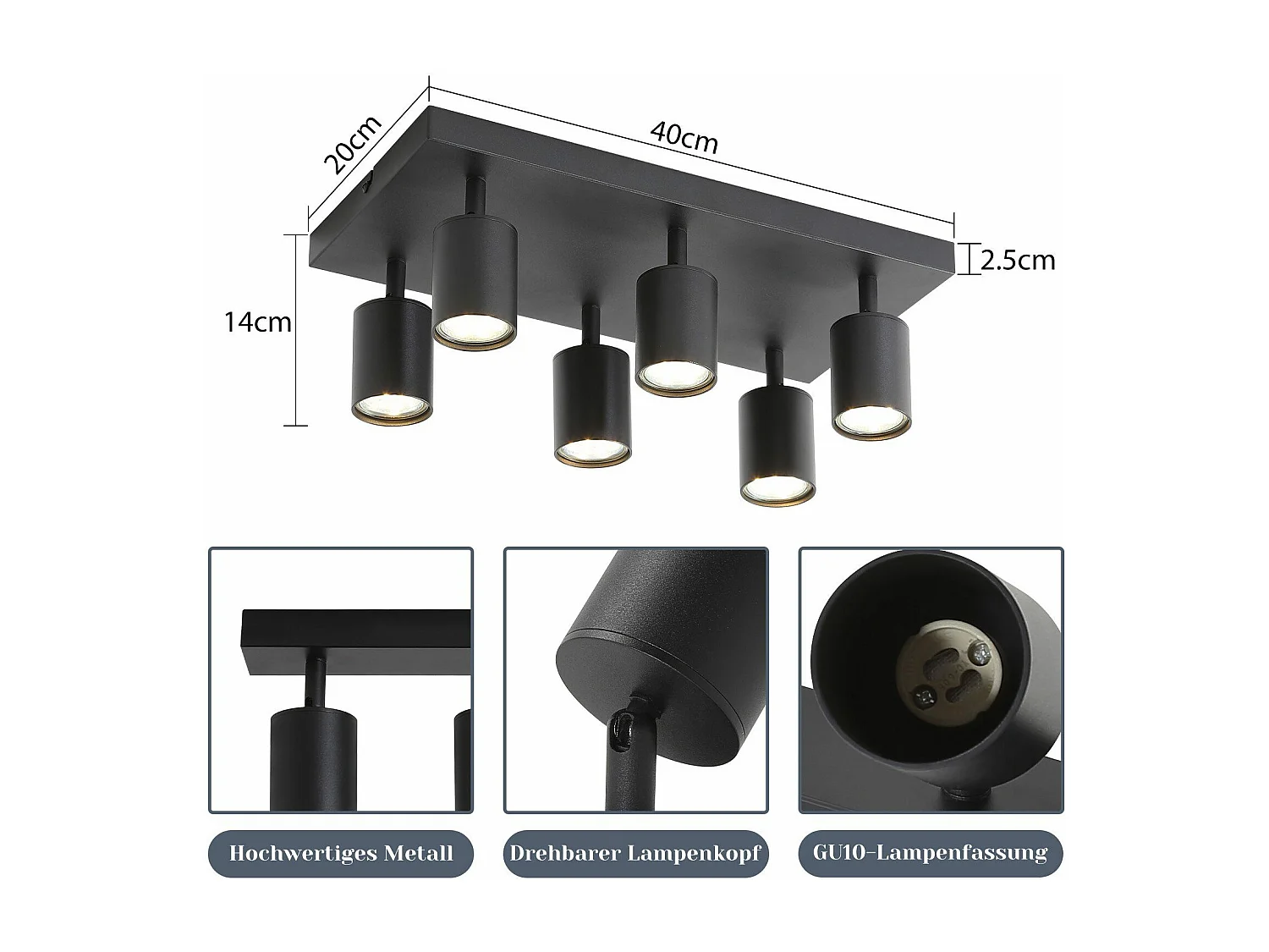 NETTLIFE Lampa sufitowa 6 czarnych punktów GU10 regulowana 330° nowoczesna industrialna ściana do salonu sypialnia kuchnia bez żarówki