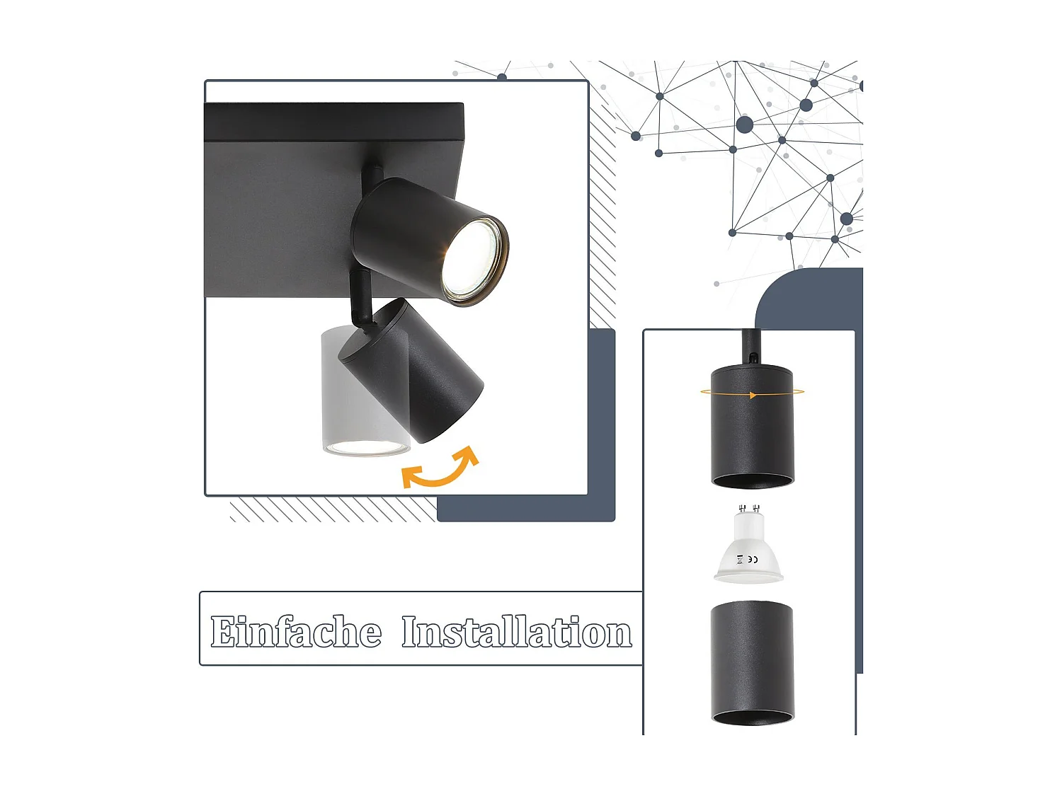 NETTLIFE Plafonnier 6 spots GU10 noir orientables à 330° mural industriel moderne pour salon chambre cuisine sans ampoule