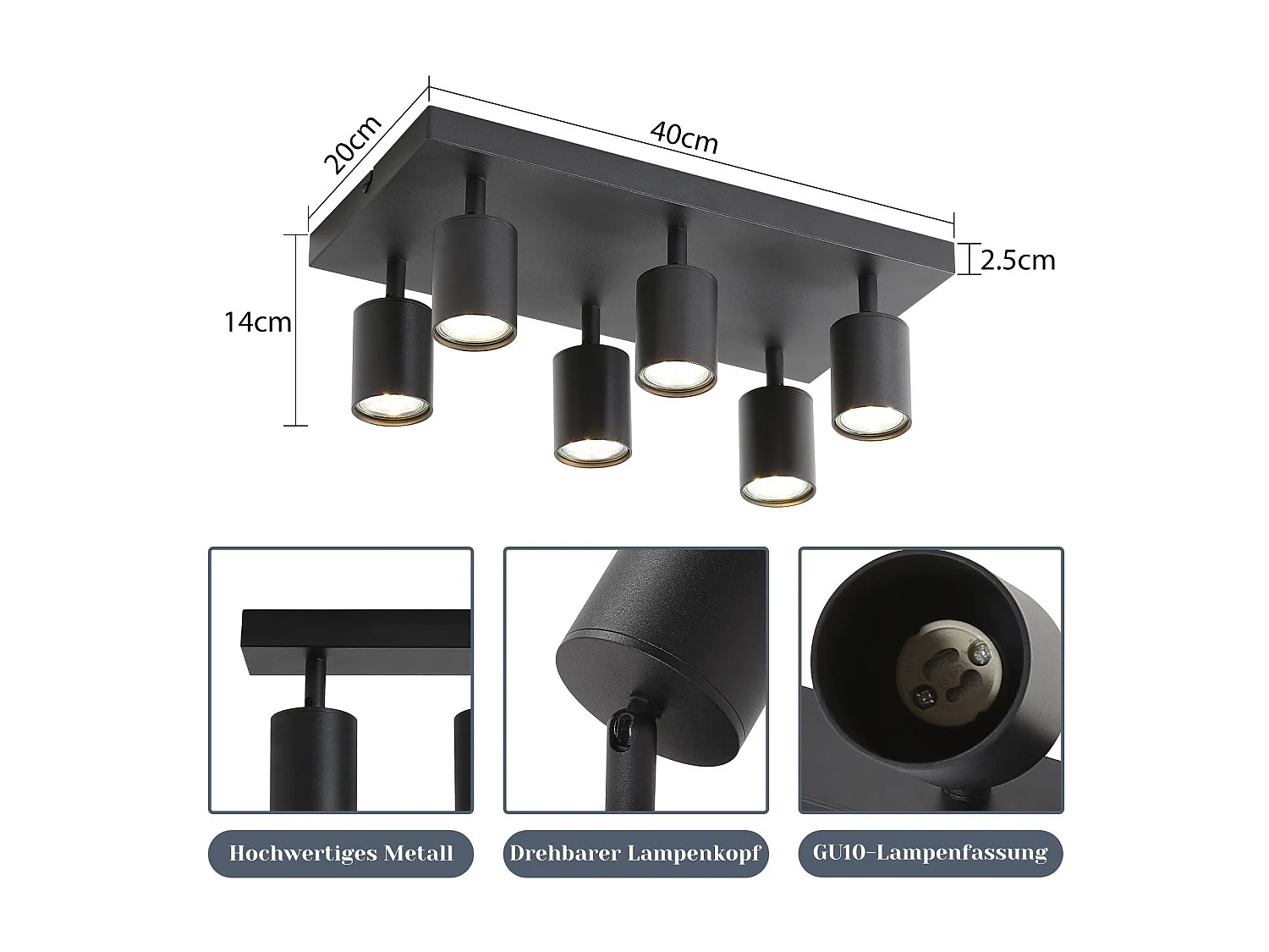 NETTLIFE Plafonnier 6 spots GU10 noir orientables à 330° mural industriel moderne pour salon chambre cuisine sans ampoule