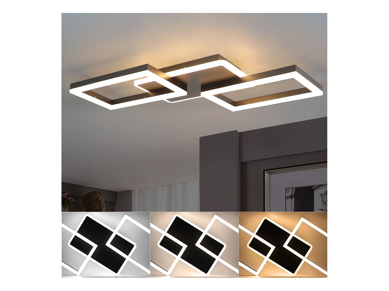 NETTLIFE Plafondlamp LED – Zwart – vierkant - 3-Lichts - 3000K Warm wit Licht - Moderne Plafondverlichting – Metaal - voor Woonkamer | Slaapkamer | Gang - 48W