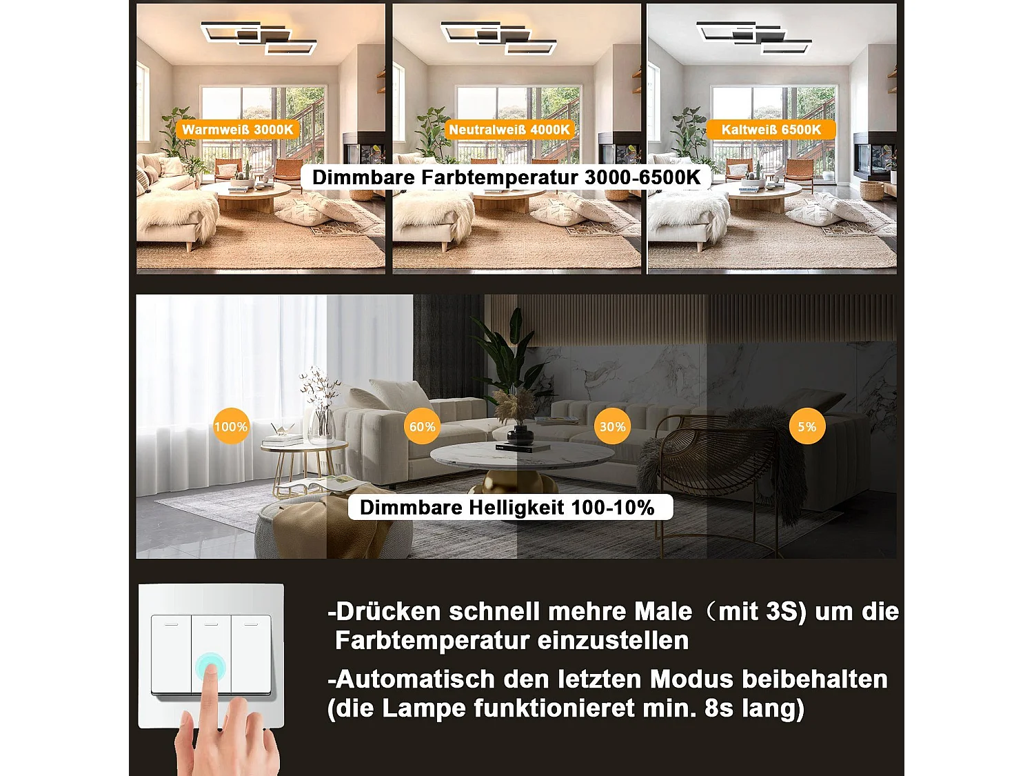 NETTLIFE Plafondlamp LED – Zwart – vierkant - 3-Lichts - 3000K Warm wit Licht - Moderne Plafondverlichting – Metaal - voor Woonkamer | Slaapkamer | Gang - 48W
