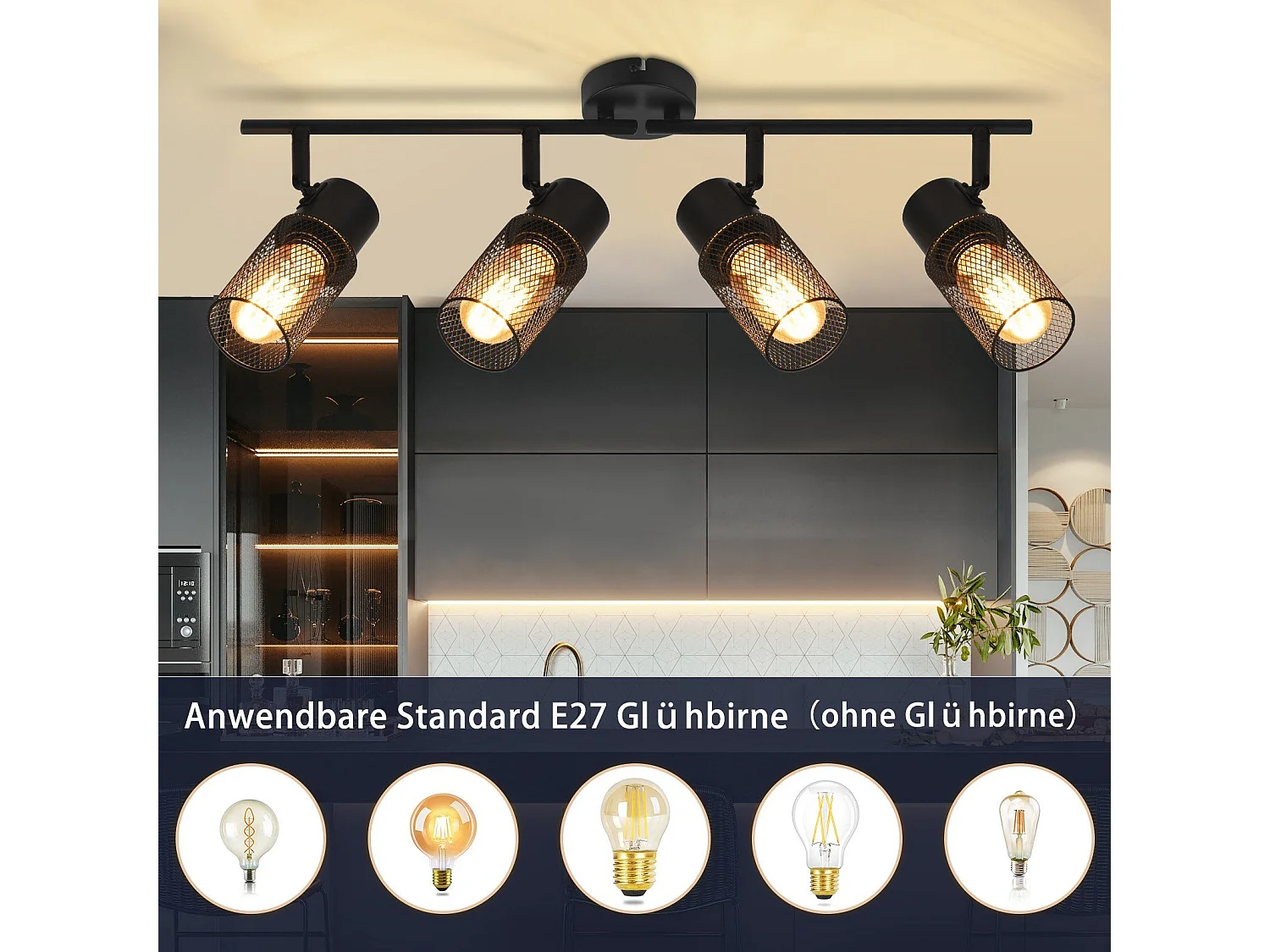 NETTLIFE 4 vintage czarne metalowe reflektory sufitowe E27 z regulacją 330° do salonu sypialni kuchni dziecięcej bez żarówki