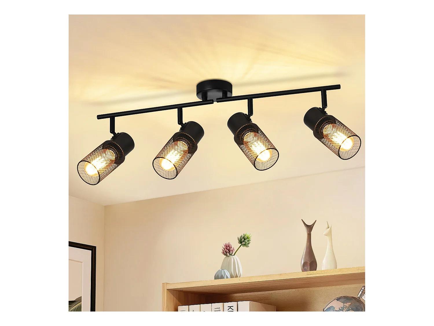 NETTLIFE 4 spots de plafond vintage métal noir E27 orientables à 330° pour salon chambre cuisine d'enfant sans ampoule