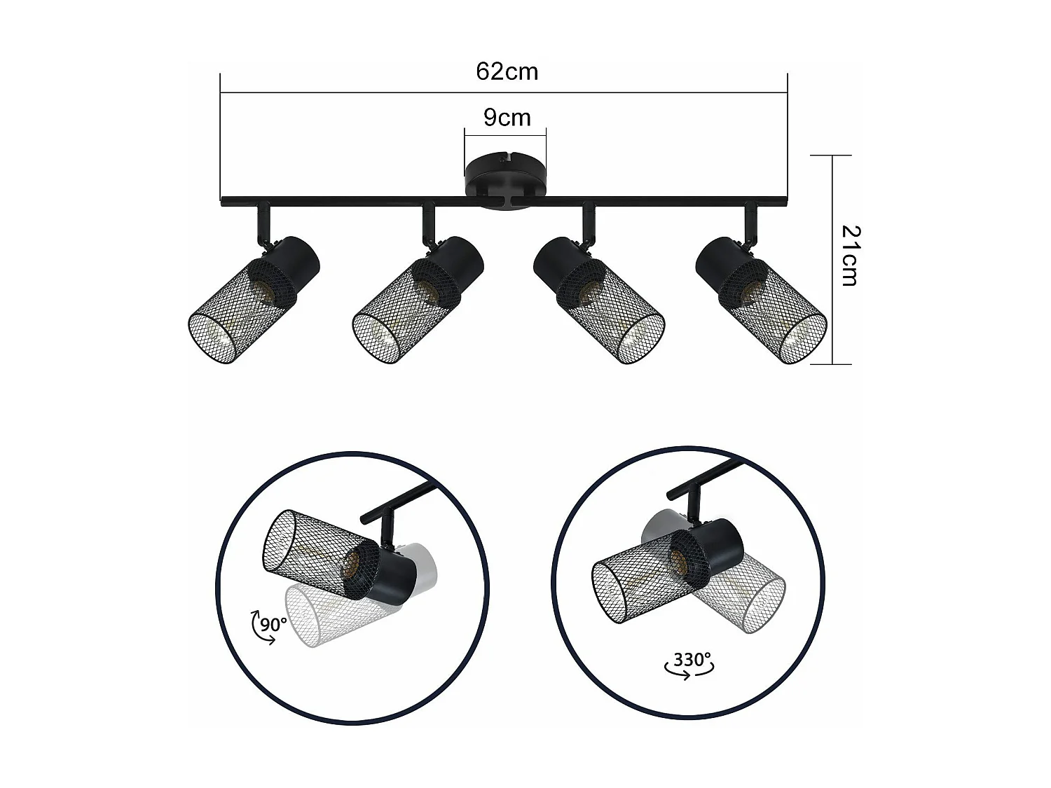 NETTLIFE 4 spots de plafond vintage métal noir E27 orientables à 330° pour salon chambre cuisine d'enfant sans ampoule