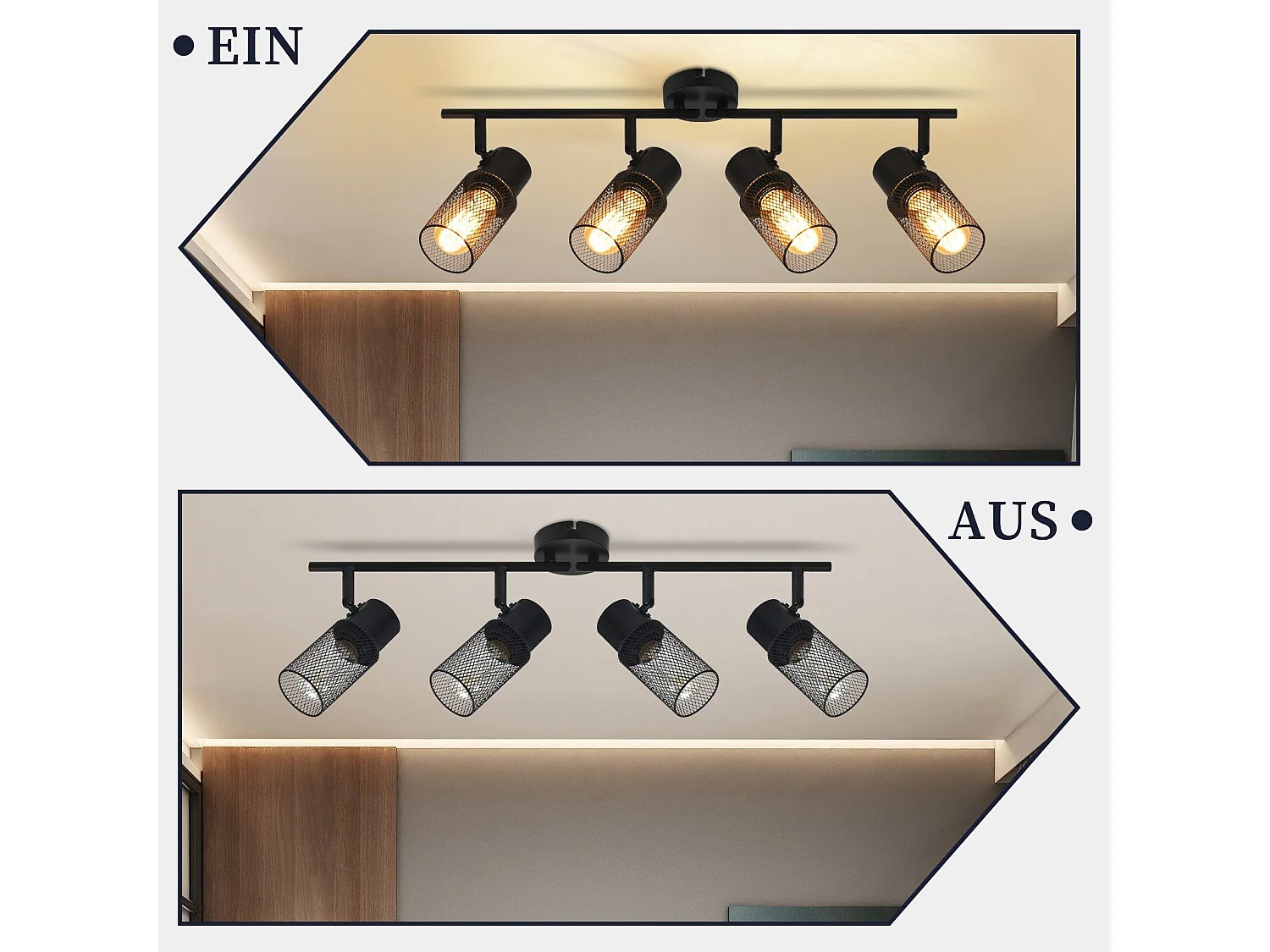 NETTLIFE 4 spots de plafond vintage métal noir E27 orientables à 330° pour salon chambre cuisine d'enfant sans ampoule