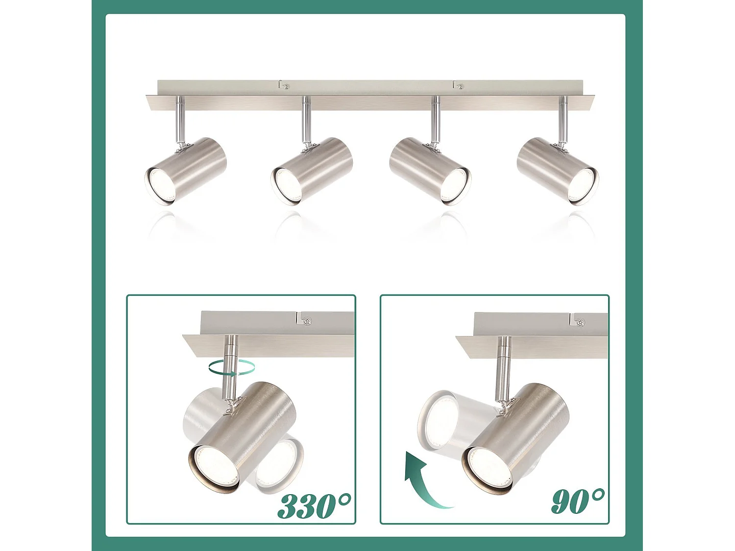 NETTLIFE Opbouwspot rechthoekig nikkel 4-lichts GU10 Fitting  330° draaibar Plafondspot L 62cm  Plafondlamp voor Woonkamer Hal Keuken Zonder Lichtborn Max.25W