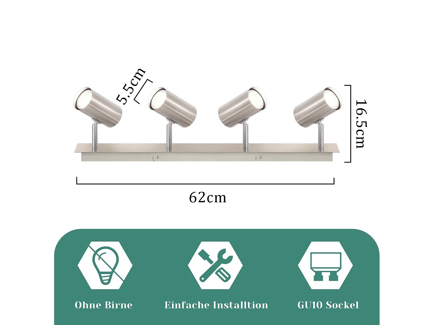 NETTLIFE Opbouwspot rechthoekig nikkel 4-lichts GU10 Fitting  330° draaibar Plafondspot L 62cm  Plafondlamp voor Woonkamer Hal Keuken Zonder Lichtborn Max.25W