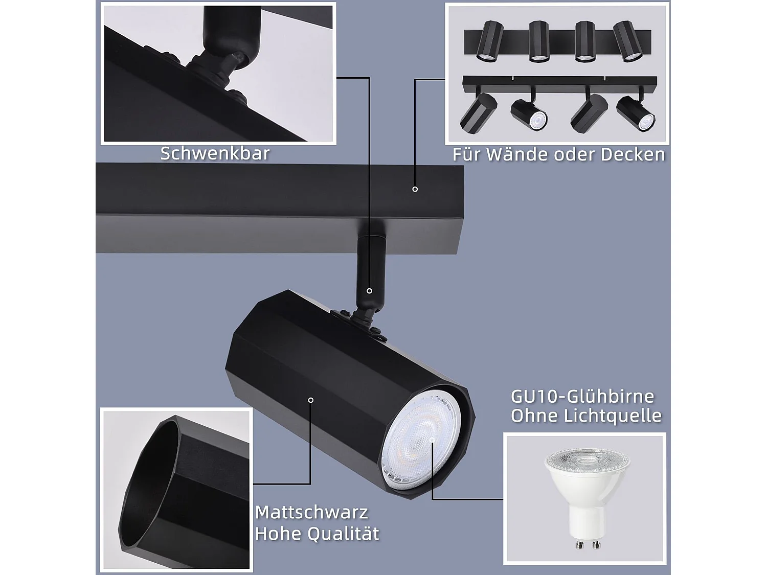 NETTLIFE 4 czarne reflektory sufitowe GU10 z możliwością regulacji 350°, z metalu w stylu vintage MAX. 25W do kuchni jadalni salonu sypialni bez żarówek