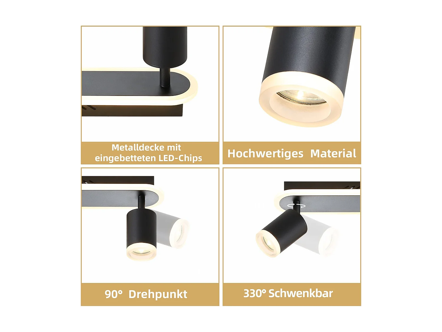 NETTLIFE 2 spots de plafond LED noir GU10 en métal, orientables à 330°, pour chambre couloir salle à manger cuisine salon, lumière blanc chaud