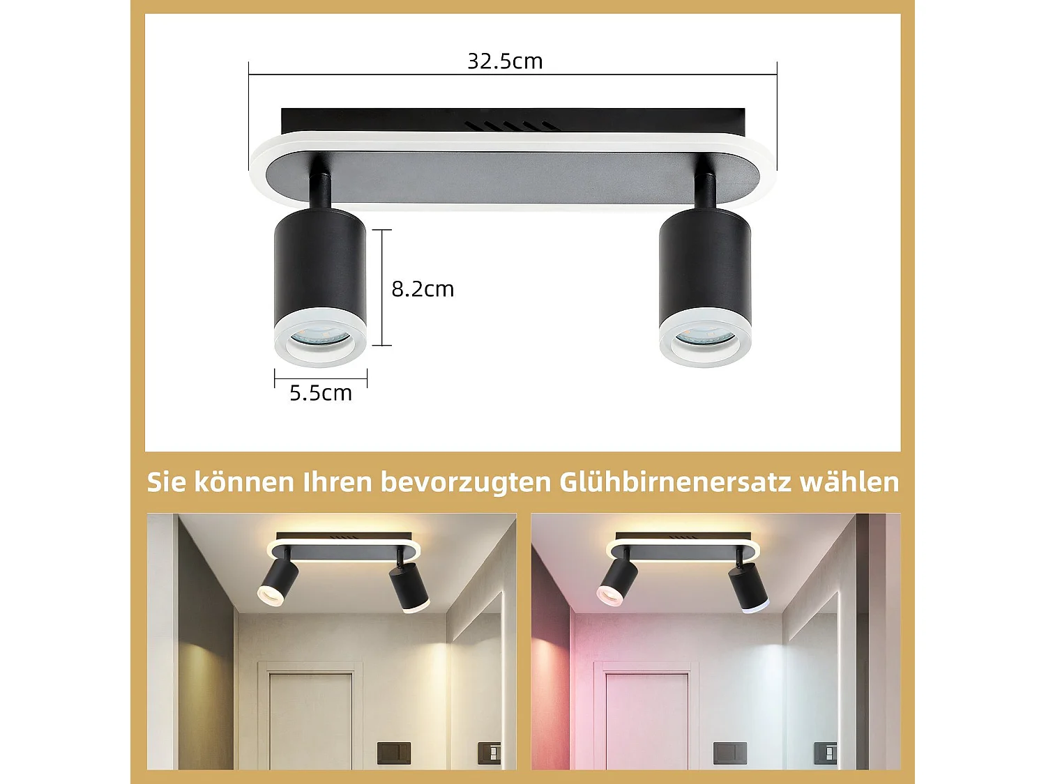 NETTLIFE 2 spots de plafond LED noir GU10 en métal, orientables à 330°, pour chambre couloir salle à manger cuisine salon, lumière blanc chaud