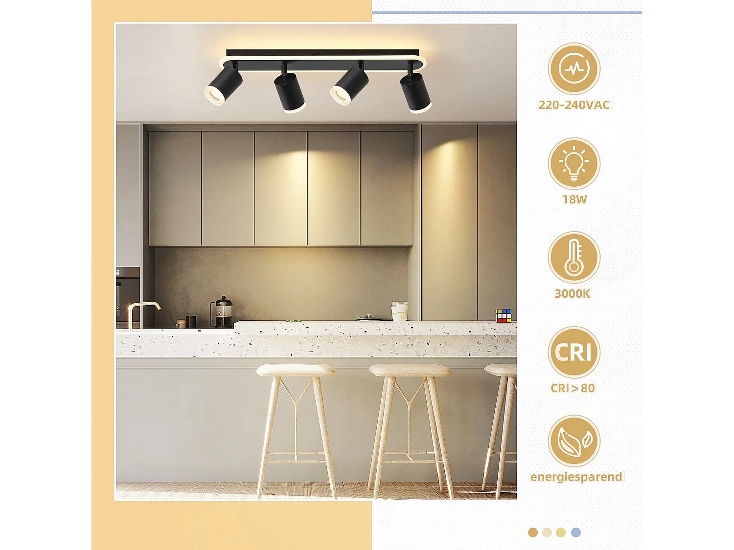 NETTLIFE 4 spot de plafond LED GU10 métal noir orientable 330° spot moderne blanc chaud pour chambre couloir salle à manger cuisine salon