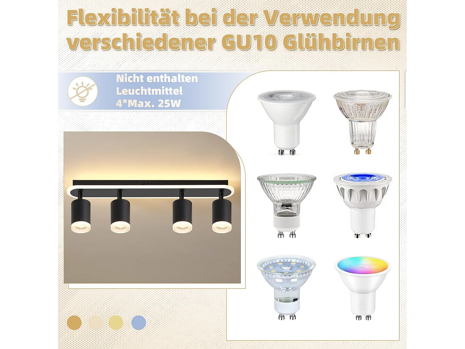 NETTLIFE 4 spot de plafond LED GU10 métal noir orientable 330° spot moderne blanc chaud pour chambre couloir salle à manger cuisine salon