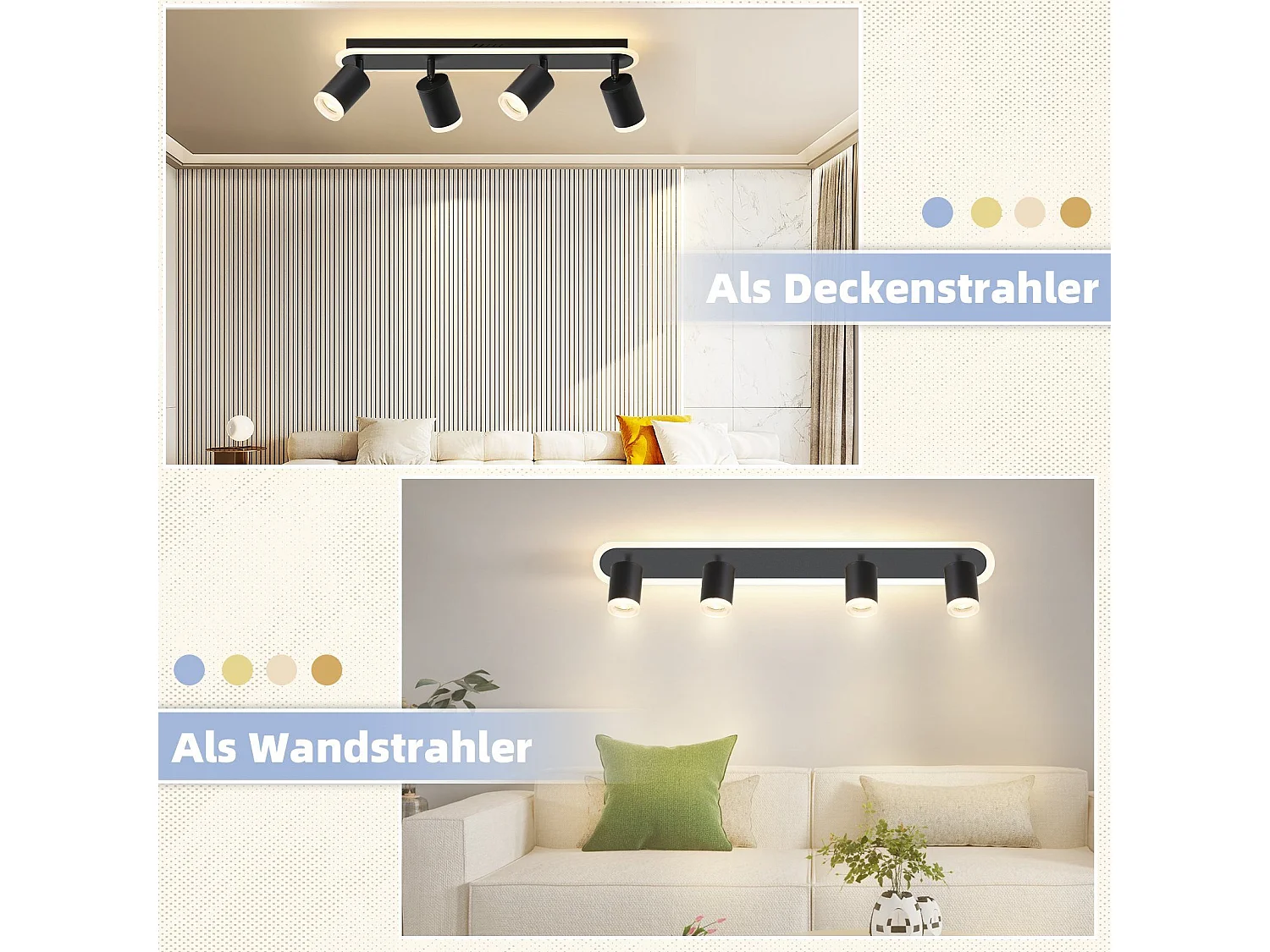 NETTLIFE 4 spot de plafond LED GU10 métal noir orientable 330° spot moderne blanc chaud pour chambre couloir salle à manger cuisine salon