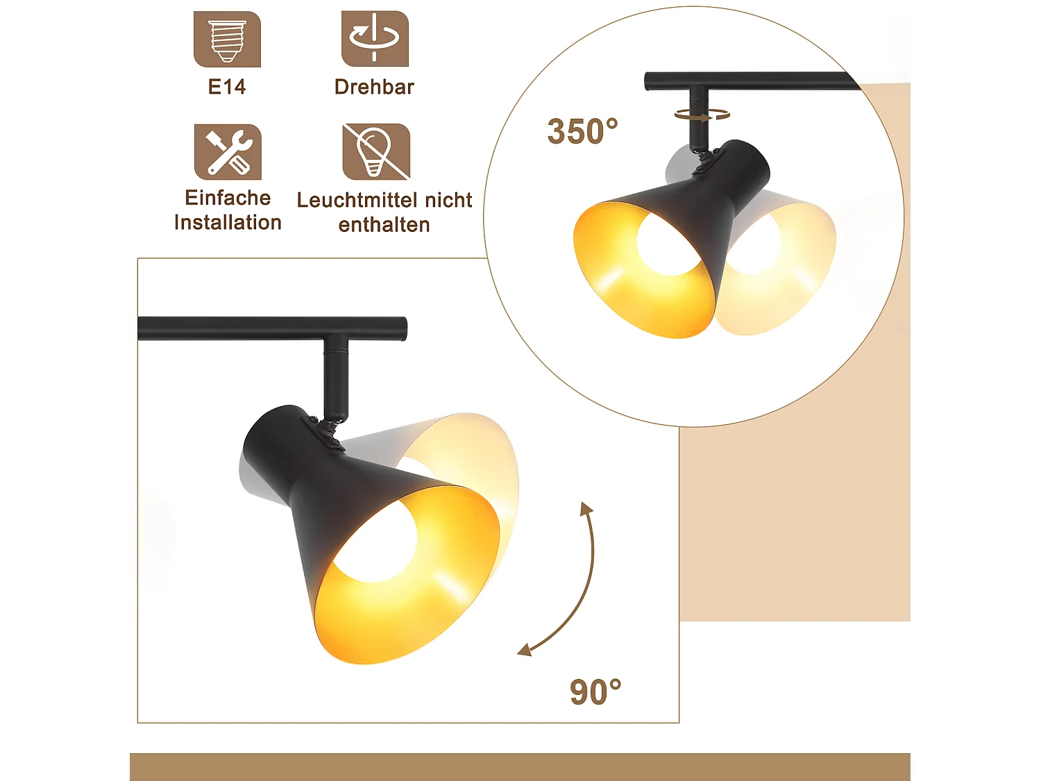 NETTLIFE Opbouwspot 2-lichts E14 Fitting zwart goud met creatief ontwerp 330° draaibar Plafondspot Vintage Keukenlamp