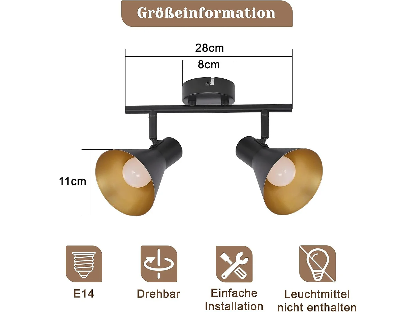 NETTLIFE Opbouwspot 2-lichts E14 Fitting zwart goud met creatief ontwerp 330° draaibar Plafondspot Vintage Keukenlamp