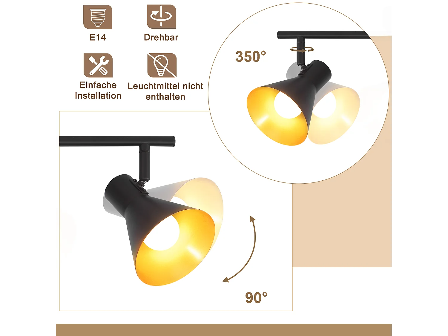 NETTLIFE 2 punkty Czarna kuchenna lampa sufitowa 2 E14 Vintage Żarówki Obrotowy 330° Przemysłowy Retro Metal do wejścia do biura