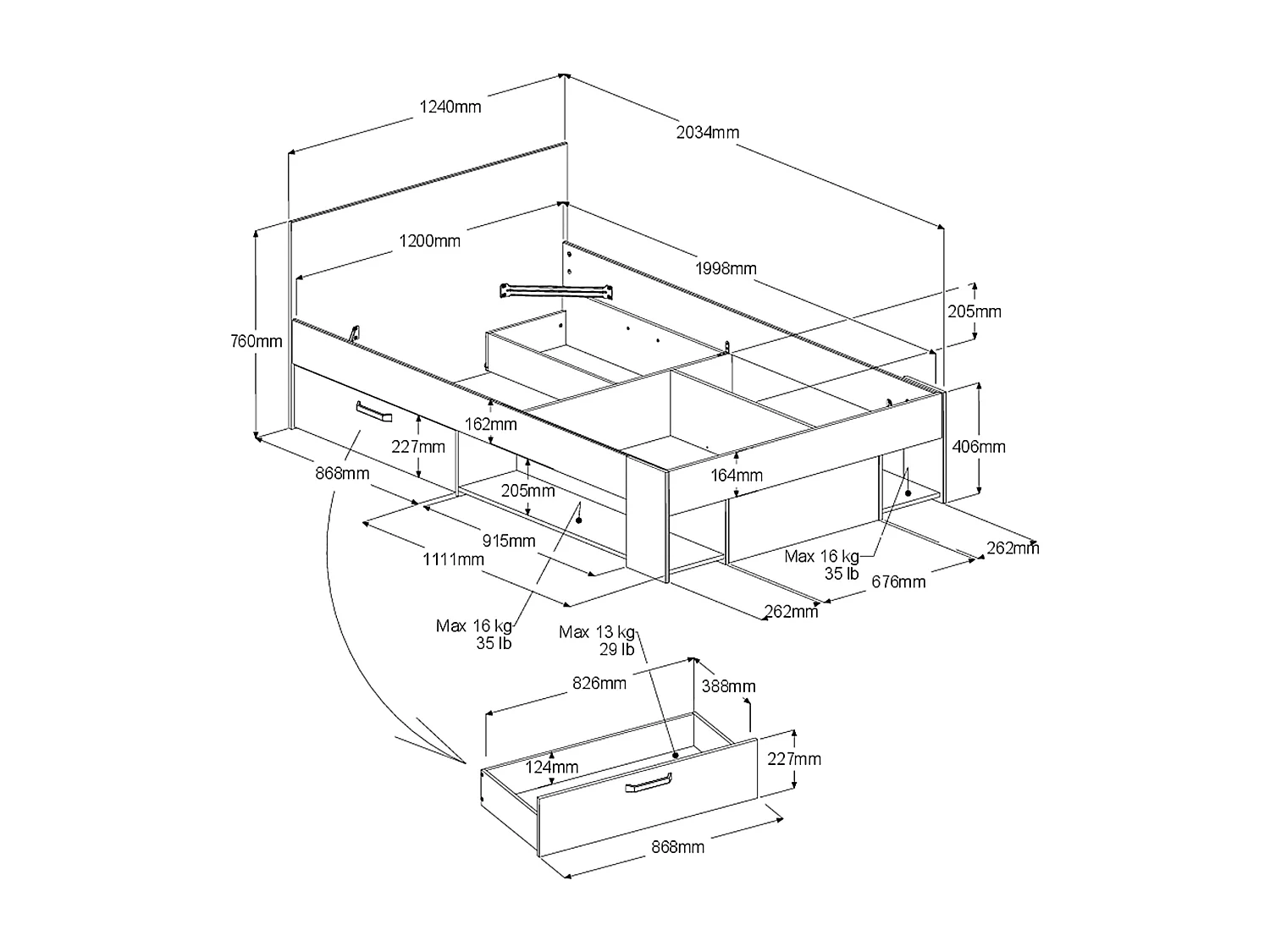 Lit 120 x 190/200 cm avec rangements - Coloris : Naturel et noir + Sommier - KINSELIA
