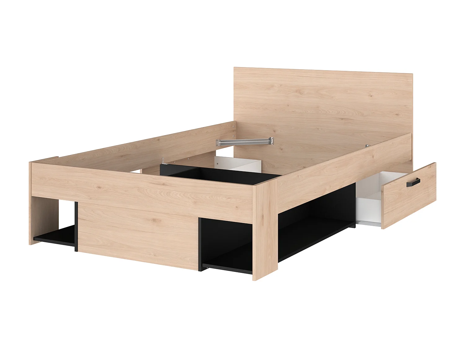 Lit 120 x 190/200 cm avec rangements - Coloris : Naturel et noir + Sommier - KINSELIA