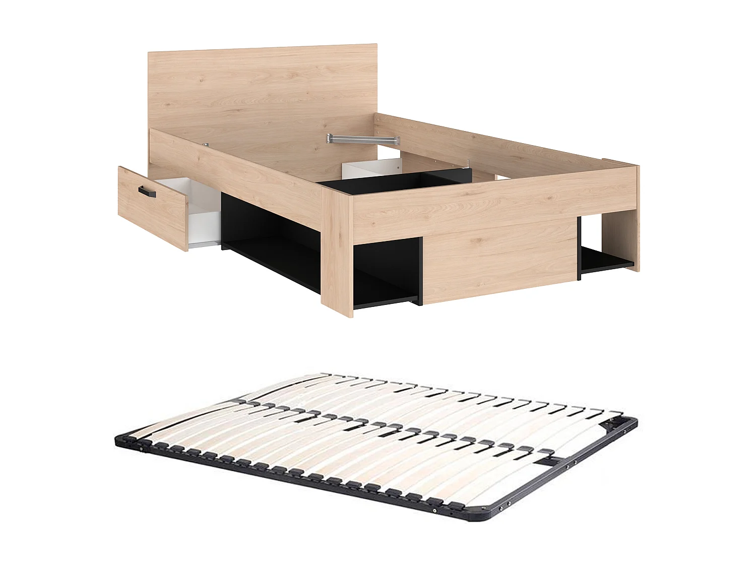 Łóżko 120 x 190/200 cm ze schowkami - Naturalny i czarny + Stelaż - KINSELIA