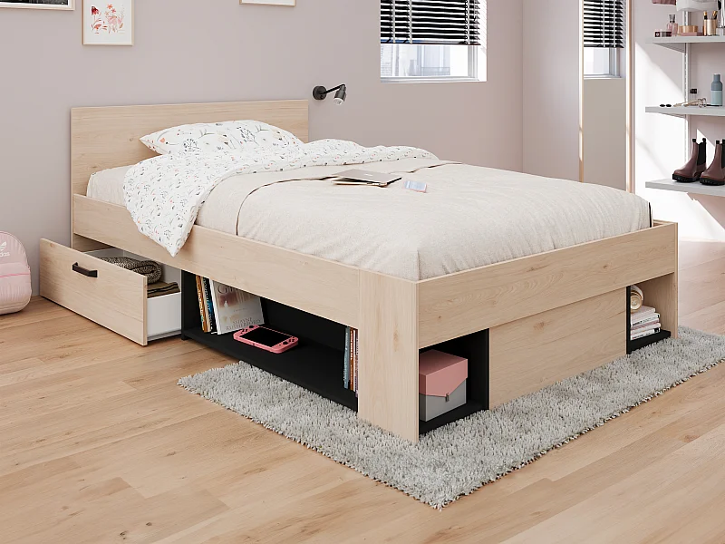 Cama 120 x 190/200 cm con almacenamiento - Color: Natural y negro + Somier - KINSELIA