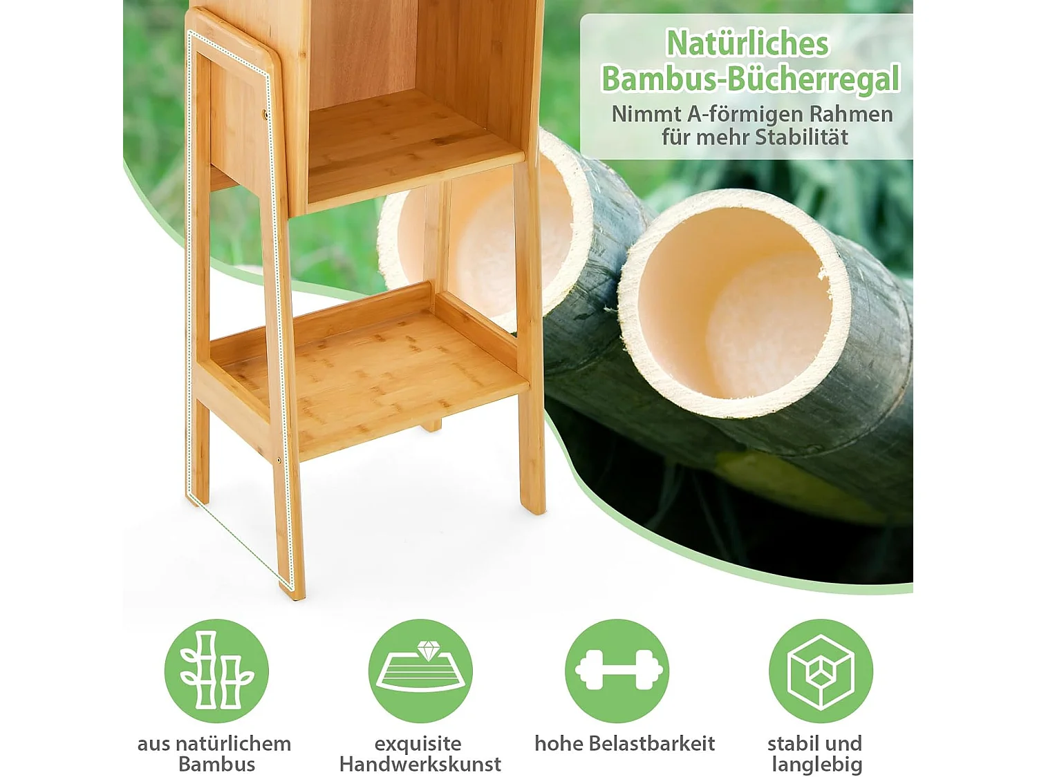 Bücherregal, Bambus Standregal mit 3 Ebenen, Regal stehend, A-förmiger Rahmen, Kinderregal für kleine Räume, Schlafzimmer, Wohnzimmer (4 Ebenen)