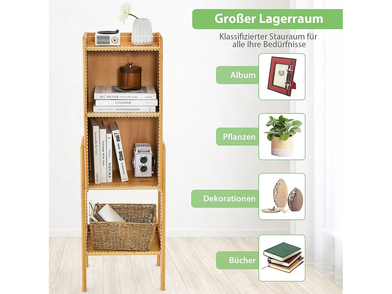 Bücherregal, Bambus Standregal mit 3 Ebenen, Regal stehend, A-förmiger Rahmen, Kinderregal für kleine Räume, Schlafzimmer, Wohnzimmer (4 Ebenen)