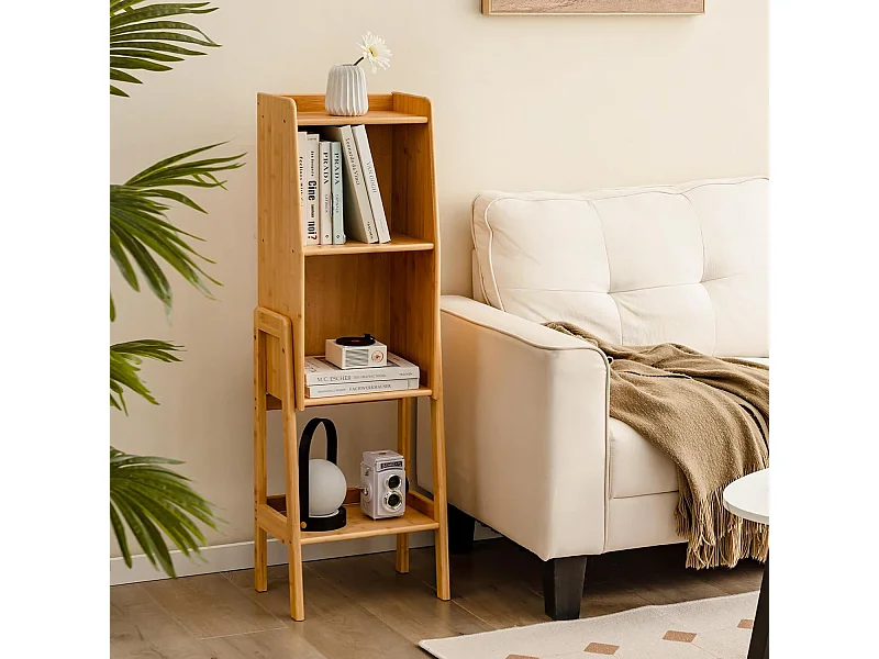 Bücherregal, Bambus Standregal mit 3 Ebenen, Regal stehend, A-förmiger Rahmen, Kinderregal für kleine Räume, Schlafzimmer, Wohnzimmer (4 Ebenen)