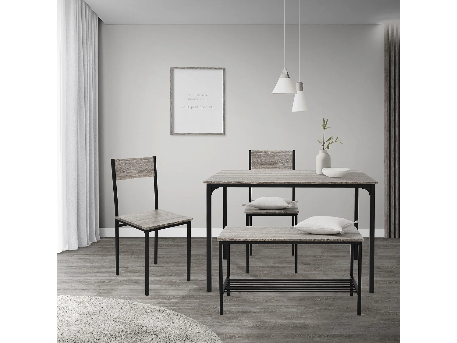 Juego de comedor de 4 piezas muebles roble gris 2 sillas, 1 mesa, 1 banco