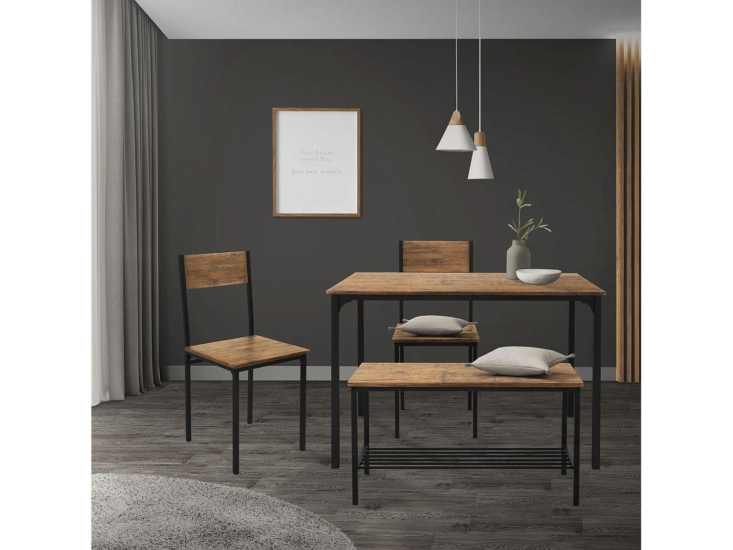 Juego de comedor de 4 piezas muebles roble rústico 2 sillas, 1 mesa, 1 banco