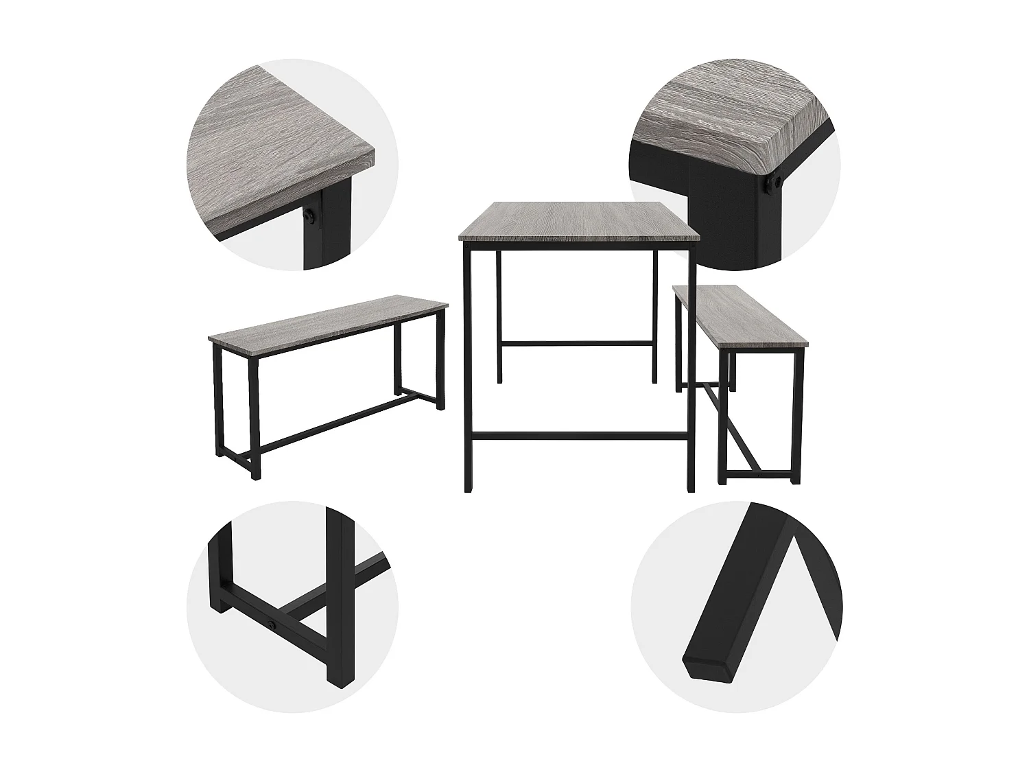 3 Pièces meubles de salle à manger de cuisine 1 table 2 banquettes chêne gris