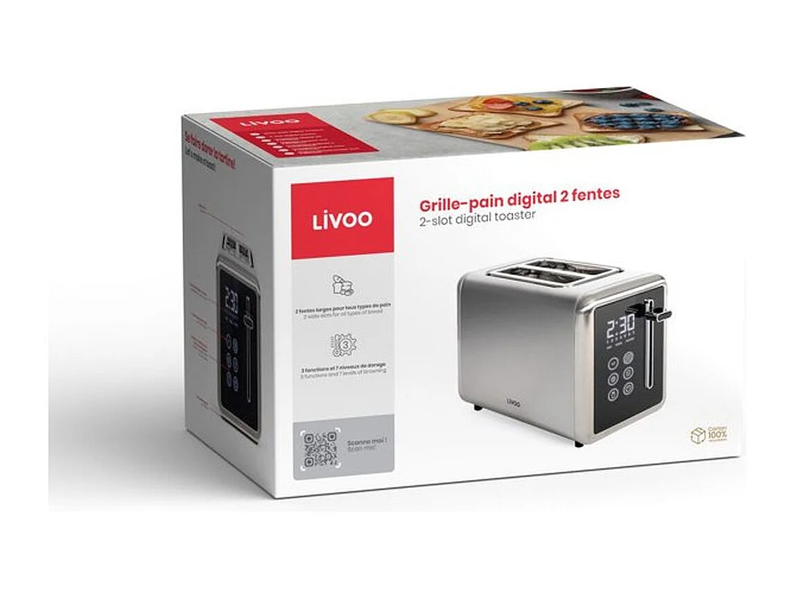 Grille-pain digital 2 fentes larges 850W gris