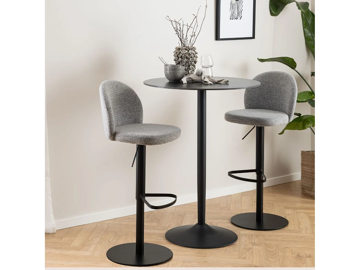 Tabourets de bar tissu gris clair piétement métal noir (lot de 2) - PATIA
