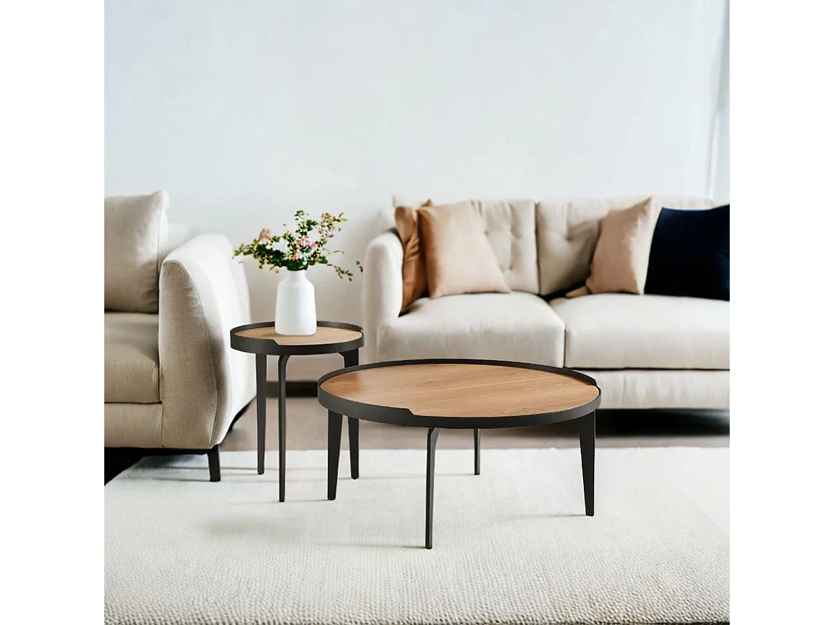 FLECHER - Ensemble Table Basse Bout de Canapé en Chêne et Métal Gris Antrhacite