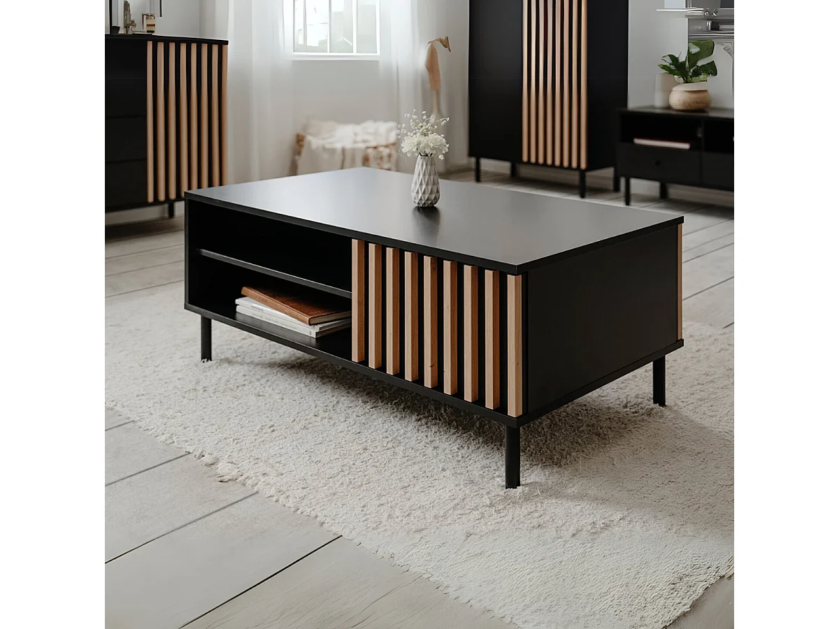 Table Basse 1 Porte Noir et Bois L110,5 cm - MONZA