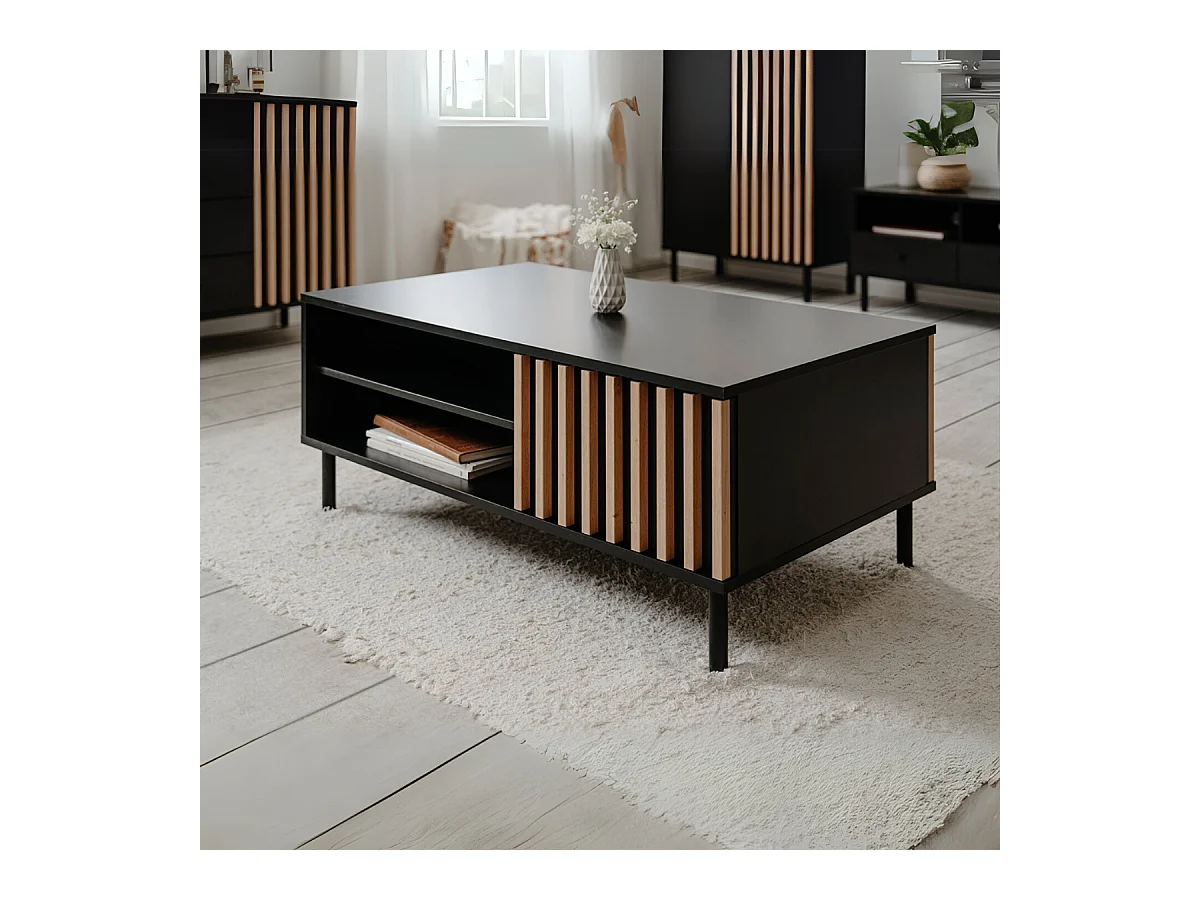 Table Basse 1 Porte Noir et Bois L110,5 cm - MONZA