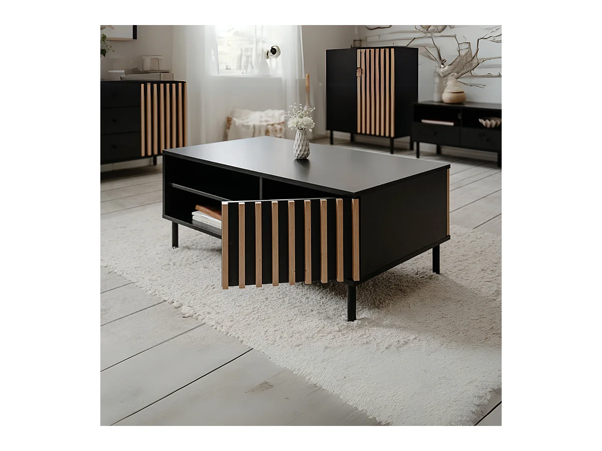 Table Basse 1 Porte Noir et Bois L110,5 cm - MONZA