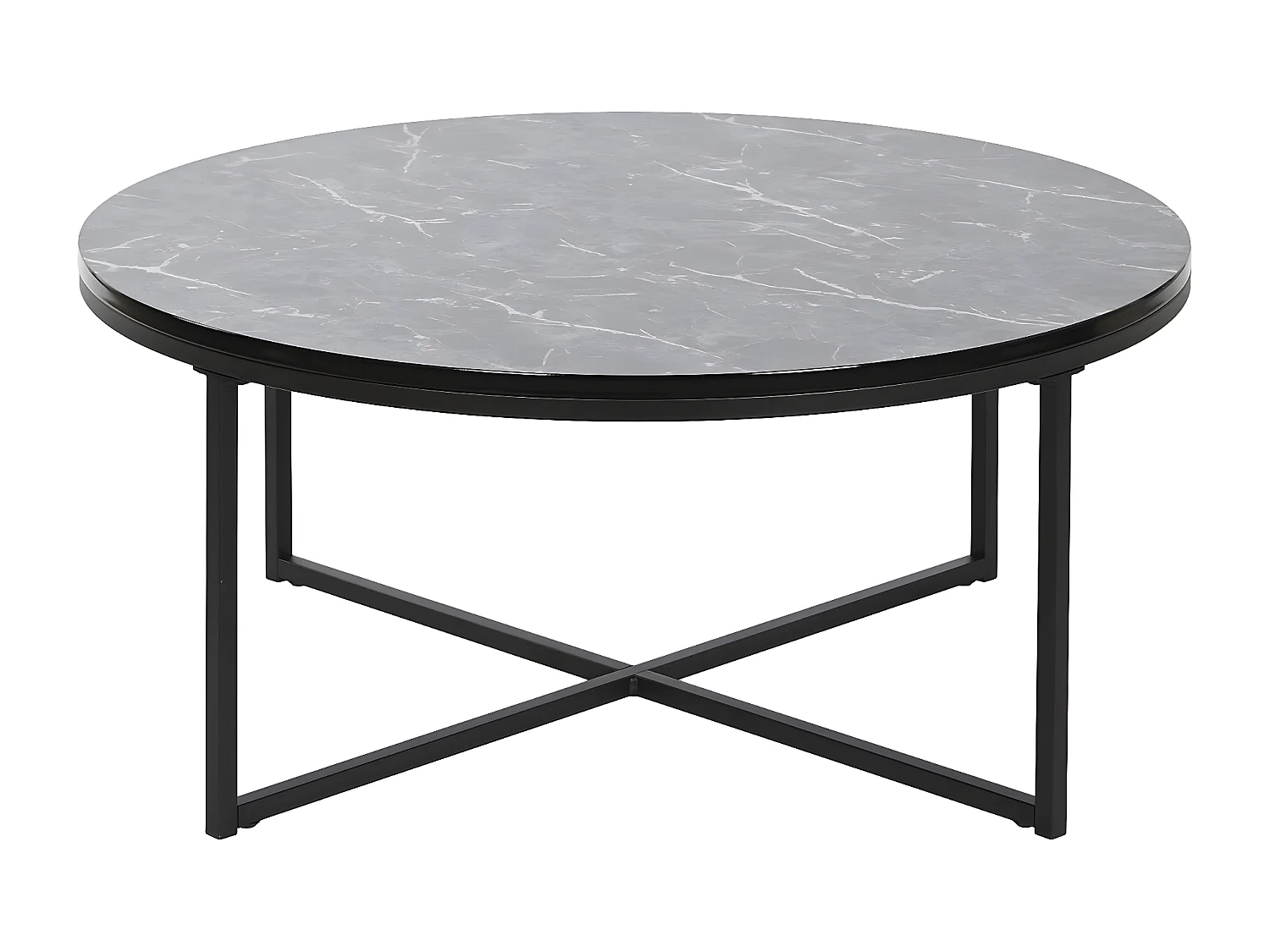 Table Basse Ronde Ø80 Cm Avec étagère - Plateau Imitation Marbre Blanc, Structure Métal Noir - Pour Salon