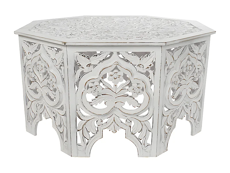 Table basse, table de salon en bois coloris blanc vieilli - longueur 84 x profondeur 84 x Hauteur 46 cm