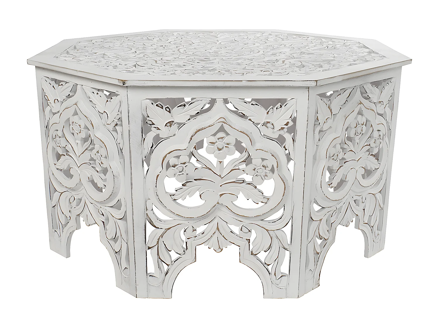 Table basse, table de salon en bois coloris blanc vieilli - longueur 84 x profondeur 84 x Hauteur 46 cm