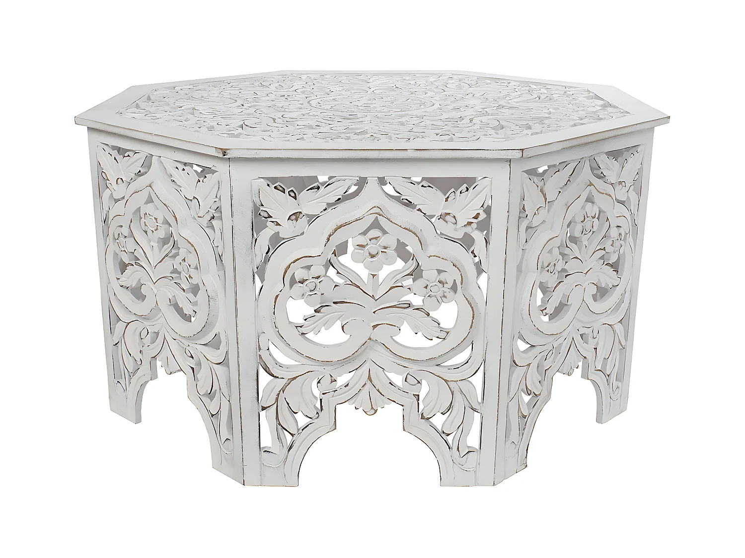 Table basse, table de salon en bois coloris blanc vieilli - longueur 84 x profondeur 84 x Hauteur 46 cm