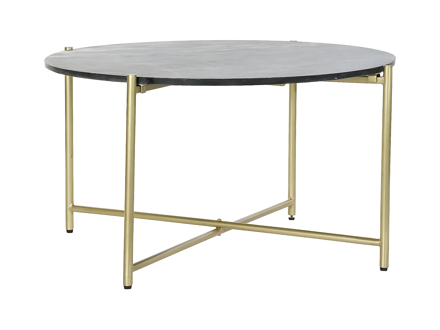 Table basse, table de salon ronde en fer doré et marbre noir -  diamètre 81 x Hauteur 44 cm