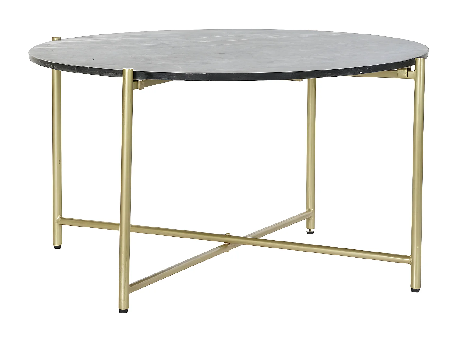 Table basse, table de salon ronde en fer doré et marbre noir -  diamètre 81 x Hauteur 44 cm