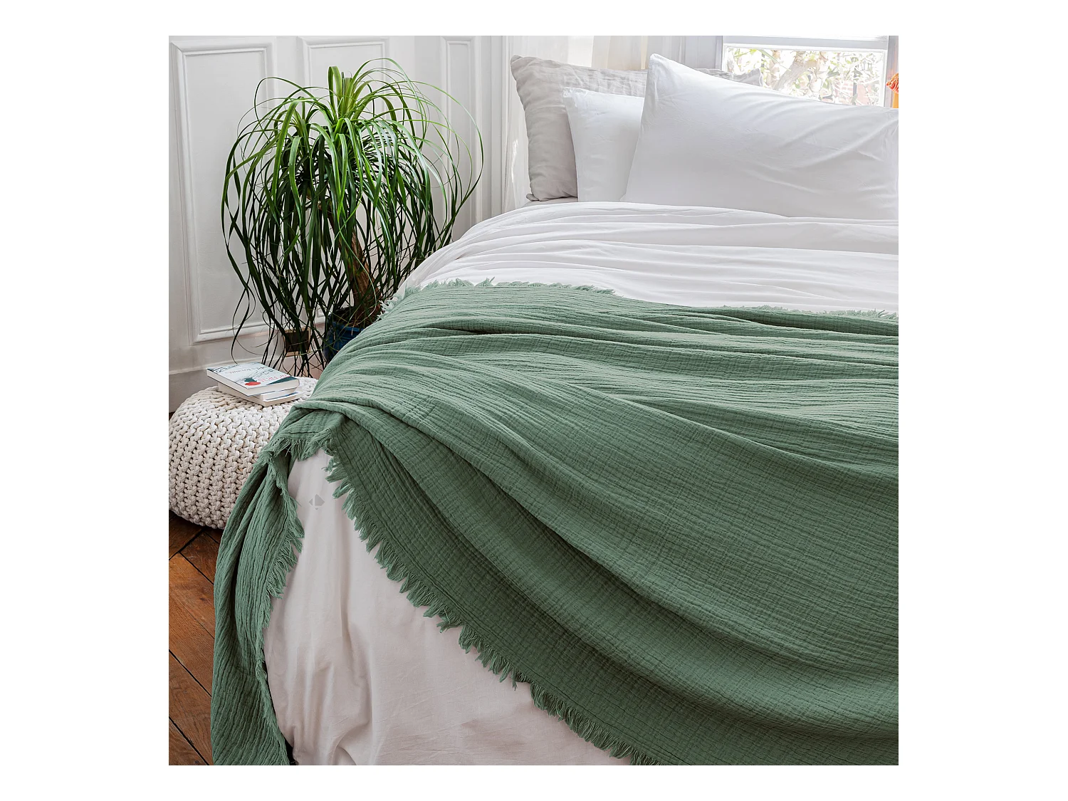 Dessus de lit 180x250 cm BREHAT 100% gaze de coton vert lichen