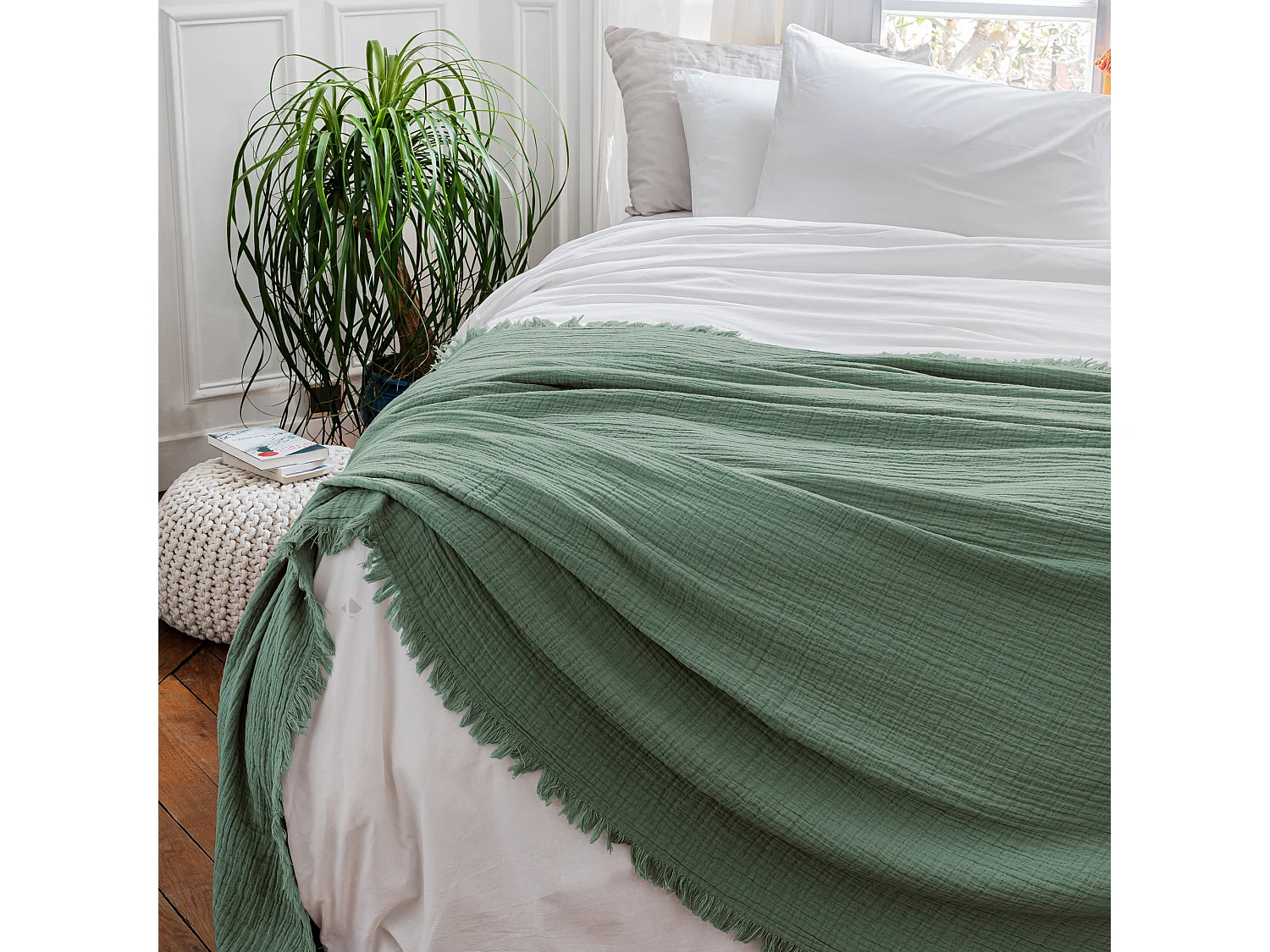Dessus de lit 180x250 cm BREHAT 100% gaze de coton vert lichen