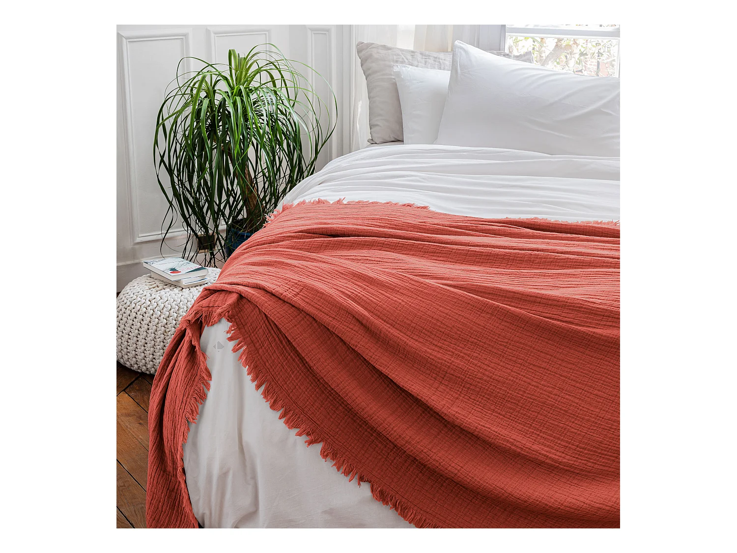 Dessus de lit 180x250 cm BREHAT 100% gaze de coton orange corail