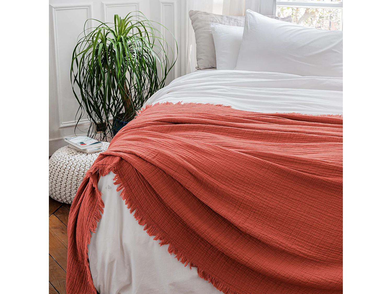 Dessus de lit 180x250 cm BREHAT 100% gaze de coton orange corail