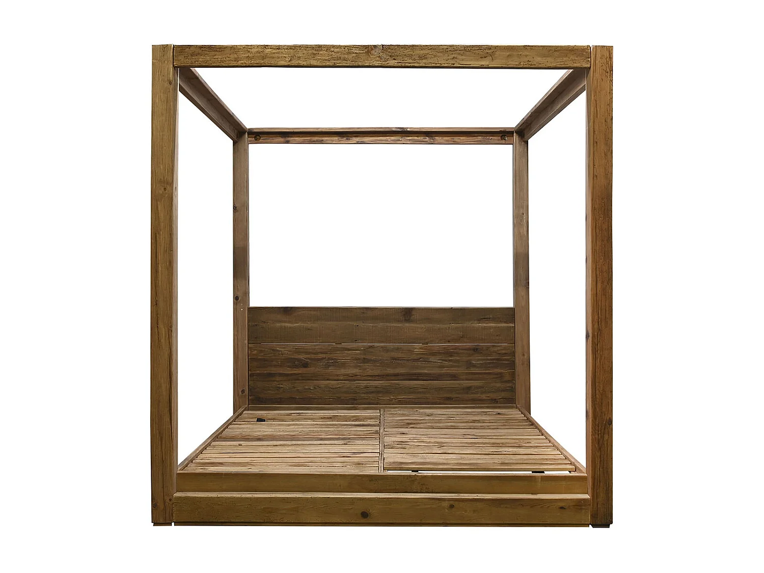 Lit adulte en bois de pin recyclé coloris naturel - longueur 202 x profondeur 222 x Hauteur 215  cm