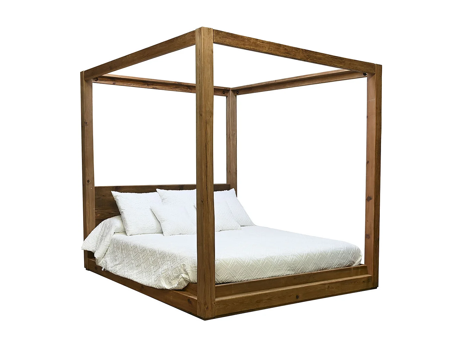 Lit adulte en bois de pin recyclé coloris naturel - longueur 202 x profondeur 222 x Hauteur 215  cm